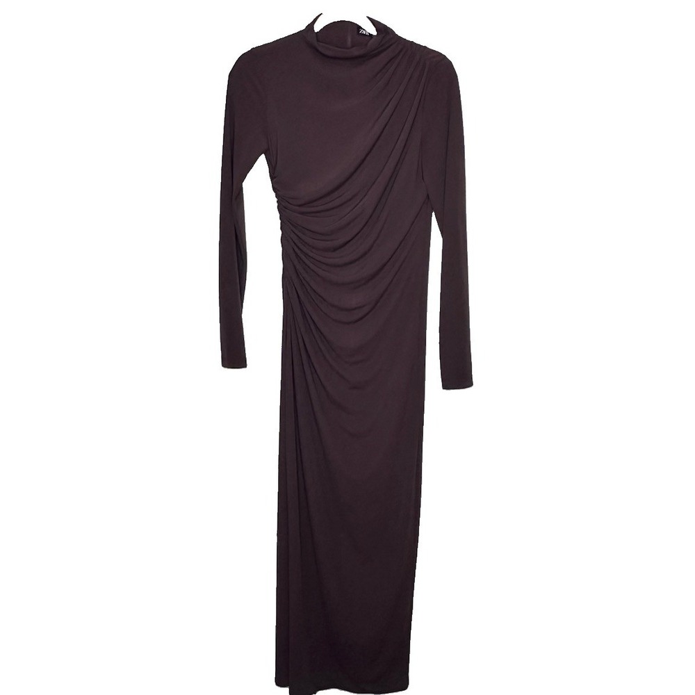 Zara Dress Womens Size M Brown Long Sleeve High Neck Ruched Bodycon Maxi Gown